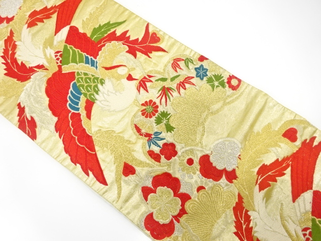 JAPANESE KIMONO / ANTIQUE FUKURO OBI / SILK / WOVEN PHOENIX & KASAMATSU & FLORAL PLANTS